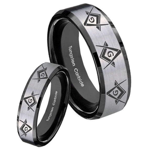 His Hers Master Mason Masonic  Beveled Brush Black 2 Tone Tungsten Bands Ring Set