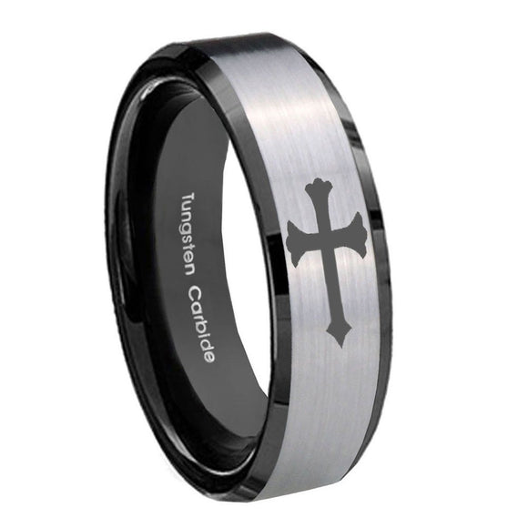 8mm Christian Cross Beveled Brush Black 2 Tone Tungsten Mens Engagement Ring