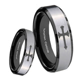 8mm Christian Cross Beveled Brush Black 2 Tone Tungsten Mens Engagement Ring