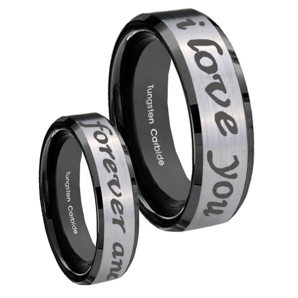 His Hers I Love You Forever and ever Beveled Brush Black 2 Tone Tungsten Ring Set