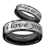 His Hers I Love You Forever and ever Beveled Brush Black 2 Tone Tungsten Ring Set
