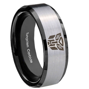 10mm Transformers Autobot Beveled Edges Brushed Silver Black Tungsten Mens Ring