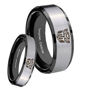 His Hers Transformers Autobot Beveled Brush Black 2 Tone Tungsten Men's Ring Set