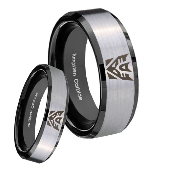 His Hers Decepticon Transformers Beveled Brush Black 2 Tone Tungsten Mens Ring Set