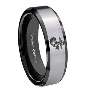 10mm Marine Beveled Edges Brushed Silver Black Tungsten Carbide Engraved Ring