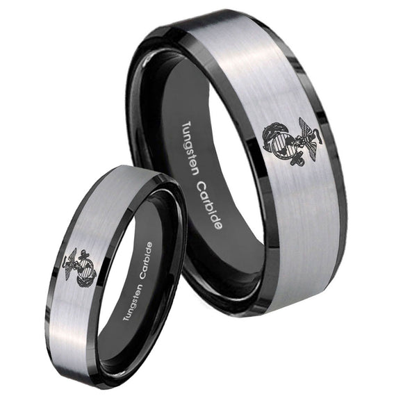 His Hers Marine Beveled Brush Black 2 Tone Tungsten Men's Engagement Band Set