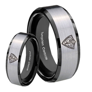 His Hers CTR Beveled Edges Brush Black 2 Tone Tungsten Engraved Ring Set