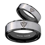 His Hers CTR Beveled Edges Brush Black 2 Tone Tungsten Engraved Ring Set