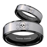 His Hers Skull Beveled Edges Brush Black 2 Tone Tungsten Men's Band Ring Set