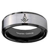 10mm Master Mason Beveled Brushed Silver Black Tungsten Mens Ring Engraved