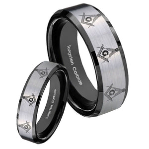 His Hers Multiple Master Mason Beveled Brush Black 2 Tone Tungsten Ring Set