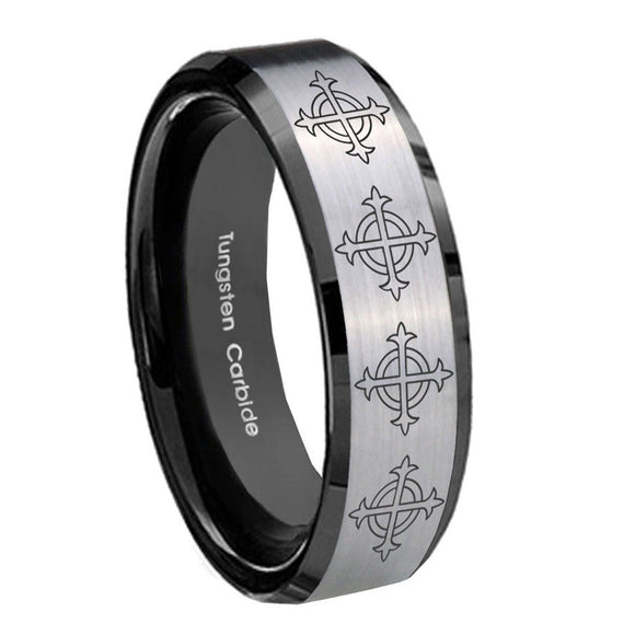 10mm Multiple Crosses Beveled Brushed Silver Black Tungsten Wedding Band Ring