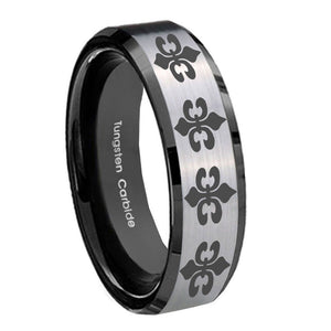 8mm Multiple Fleur De Lis Beveled Brush Black 2 Tone Tungsten Engagement Ring