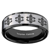 10mm Multiple Fleur De Lis Beveled Brushed Silver Black Tungsten Engraved Ring