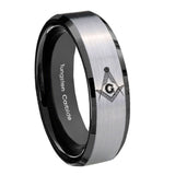 10mm Master Mason Masonic Beveled Brushed Silver Black Tungsten Men's Band Ring