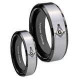 His Hers Master Mason Masonic Beveled Brush Black 2 Tone Tungsten Rings Set