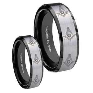 His Hers Multiple Master Mason Masonic Beveled Brush Black 2 Tone Tungsten Ring Set