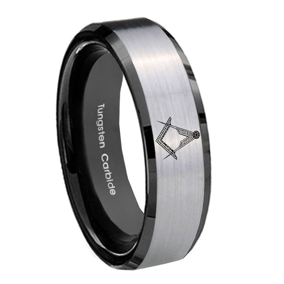 10mm Masonic Beveled Edges Brushed Silver Black Tungsten Carbide Men's Ring