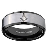 10mm Masonic Beveled Edges Brushed Silver Black Tungsten Carbide Men's Ring