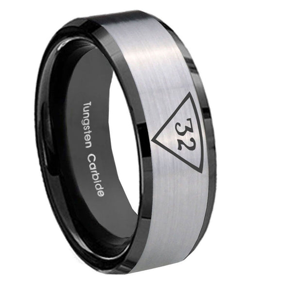 8mm Masonic 32 Triangle Freemason Beveled Edges Brush Black 2 Tone Tungsten Carbide Bands Ring