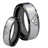 His Hers Masonic 32 Triangle Freemason Beveled Edges Brush Black 2 Tone Tungsten Mens Ring Set