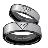 His Hers Masonic 32 Triangle Freemason Beveled Edges Brush Black 2 Tone Tungsten Mens Ring Set