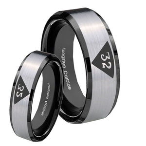 His Hers Masonic 32 Triangle Design Freemason Beveled Edges Brush Black 2 Tone Tungsten Mens Ring Set