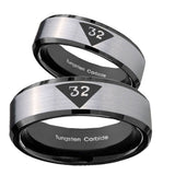 His Hers Masonic 32 Triangle Design Freemason Beveled Edges Brush Black 2 Tone Tungsten Mens Ring Set