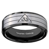 10mm Masonic 32 Duo Line Freemason Beveled Edges Brushed Silver Black Tungsten Mens Engagement Band