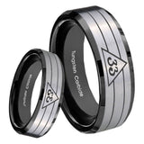 8mm Masonic 32 Duo Line Freemason Beveled Edges Brush Black 2 Tone Tungsten Carbide Bands Ring