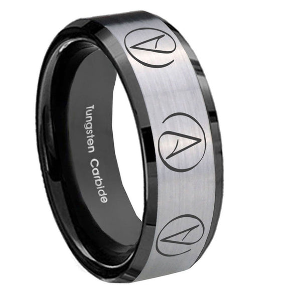 8mm Atheist Design Beveled Brush Black 2 Tone Tungsten Mens Ring