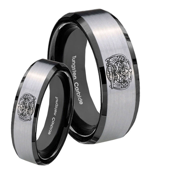 His Hers Masonic 32 Degree Freemason Beveled Edges Brush Black 2 Tone Tungsten Mens Ring Set