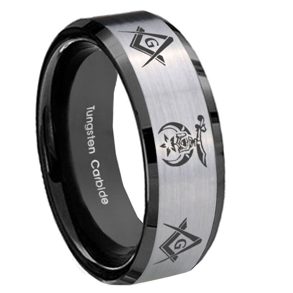 10mm Masonic Shriners Beveled Brushed Silver Black Tungsten Mens Promise Ring