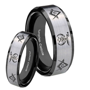 His Hers Masonic Shriners Beveled Edges Brush Black 2 Tone Tungsten Men's Ring Set