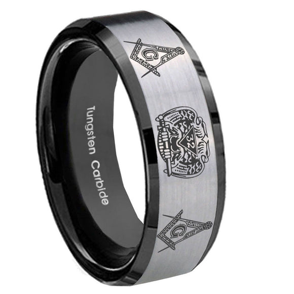 10mm Masonic 32 Design Beveled Brushed Silver Black Tungsten Anniversary Ring