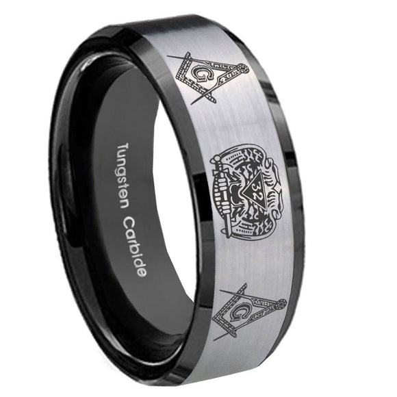 8mm Masonic 32 Design Beveled Edges Brush Black 2 Tone Tungsten Promise Ring