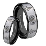 His Hers Masonic 32 Design Beveled Brush Black 2 Tone Tungsten Men's Band Ring Set