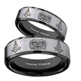 His Hers Masonic 32 Design Beveled Brush Black 2 Tone Tungsten Men's Band Ring Set