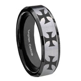 10mm Multiple Maltese Cross Beveled Brushed Silver Black Tungsten Men's Ring