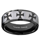 10mm Multiple Maltese Cross Beveled Brushed Silver Black Tungsten Men's Ring