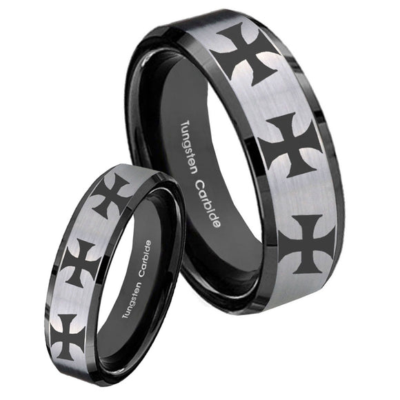 His Hers Multiple Maltese Cross Beveled Brush Black 2 Tone Tungsten Mens Ring Set