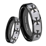 8mm Multiple Maltese Cross Beveled Edges Brush Black 2 Tone Tungsten Bands Ring