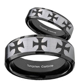 His Hers Multiple Maltese Cross Beveled Brush Black 2 Tone Tungsten Mens Ring Set