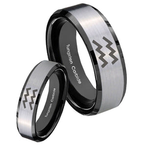 His Hers Aquarius Horoscope Beveled Brush Black 2 Tone Tungsten Mens Ring Set