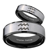 His Hers Aquarius Horoscope Beveled Brush Black 2 Tone Tungsten Mens Ring Set