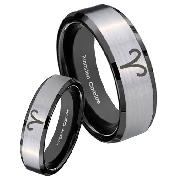 His Hers Aries Zodiac Beveled Brush Black 2 Tone Tungsten Mens Wedding Band Set