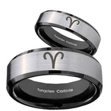 His Hers Aries Zodiac Beveled Brush Black 2 Tone Tungsten Mens Wedding Band Set