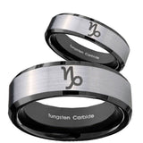 His Hers Capricorn Zodiac Beveled Brush Black 2 Tone Tungsten Mens Ring Set