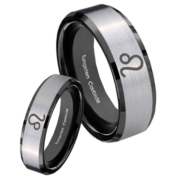 His Hers Leo Zodiac Beveled Brush Black 2 Tone Tungsten Personalized Ring Set