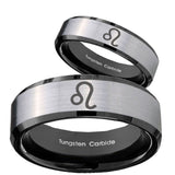 His Hers Leo Zodiac Beveled Brush Black 2 Tone Tungsten Personalized Ring Set